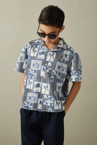 Reiss Kids' Basin - Airforce Blue Cotton Blend Collage Cuban Collar Shirt, Age 4-5 Years