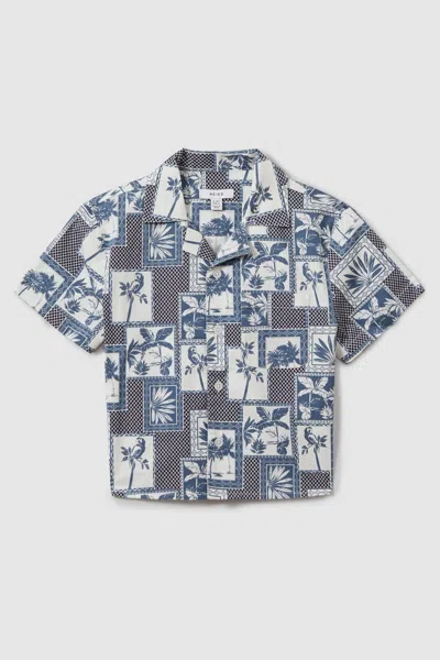 Reiss Babies' Basin - Airforce Blue Cotton Blend Collage Cuban Collar Shirt, Uk 13-14 Yrs