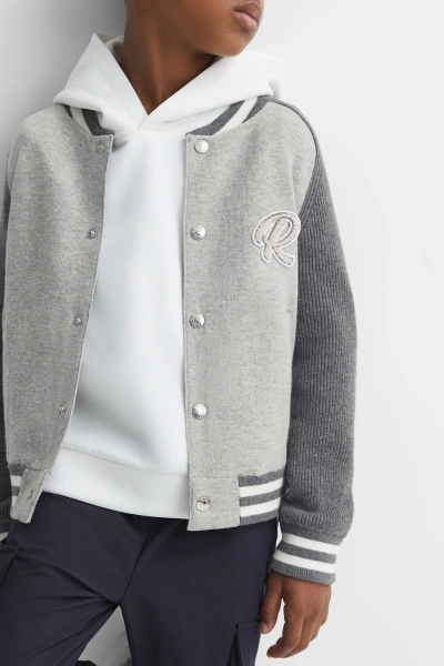 Reiss Kids' Belsize - Soft Grey Junior Cotton Blend Varsity Bomber Jacket, Age 4-5 Years