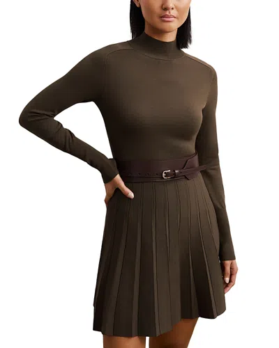 Reiss Belted Knitted Mini Dress In Brown