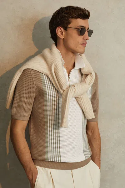 Reiss Berlin - Camel/white Open-stitch Half-zip Polo Shirt, Xxl