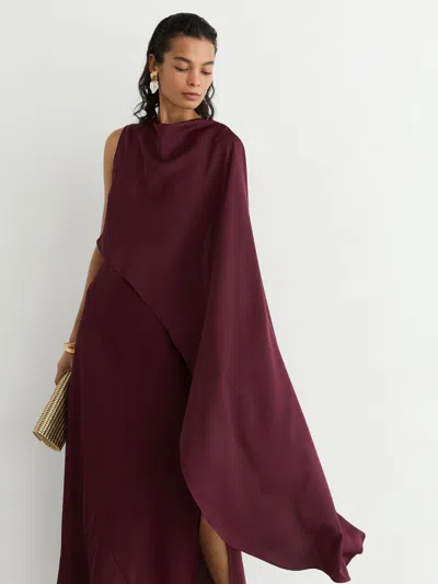 Reiss Berry Red Asymmetric Cape-detail Maxi Dress In Pink