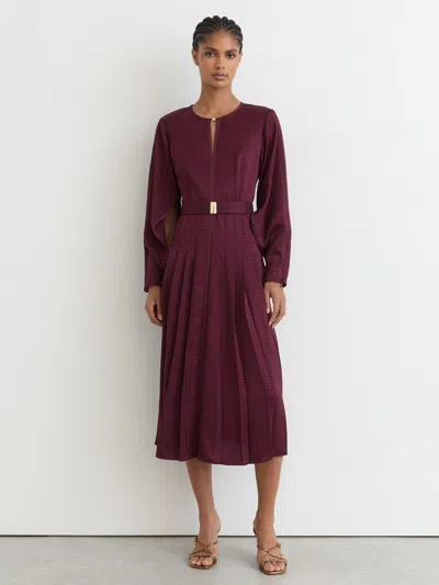 Reiss Berry Red Houndstooth-check Belted Midi Dress In Burgundy