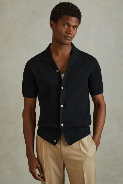 Reiss Biarritz - Navy Cotton Cuban Collar Shirt, Xxl