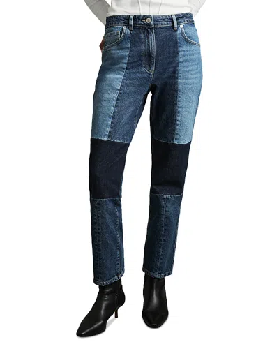 Reiss Birch Mid Rise Patch Straight Leg Jeans In Mid Blue