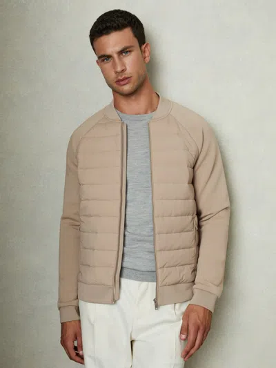 REISS BISCUIT BROWN HYBRID QUILT RAGLAN-SLEEVE BOMBER JACKET