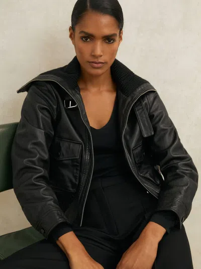 Reiss Black Atelier Leather Rib-trim Jacket