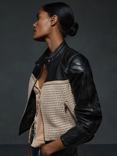 Reiss Black Atelier Leather Woven Biker Jacket