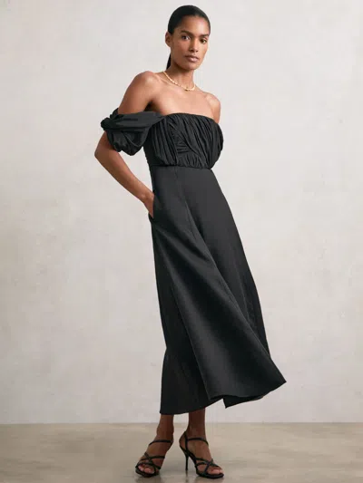 Reiss Black Bardot Sculpted Bodice Midi Dress With Linen