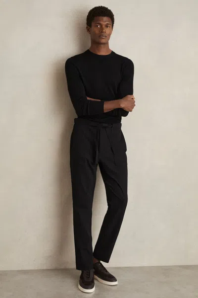 Reiss Black Belted Technical Tapered Trousers