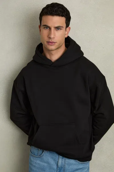 Reiss Black Cotton Fleece-back Drawstring Hoodie In Black