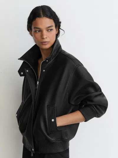 Reiss Black Cara Leather Funnel-neck Bomber Jacket