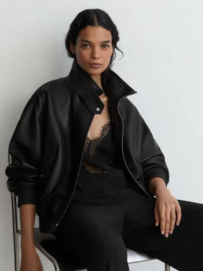 Reiss Black Cara Petite Leather Funnel-neck Bomber Jacket