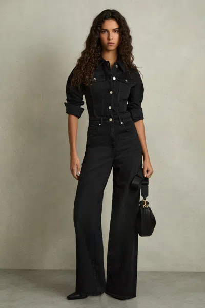 REISS BLACK CELESTE WIDE-LEG DENIM JUMPSUIT