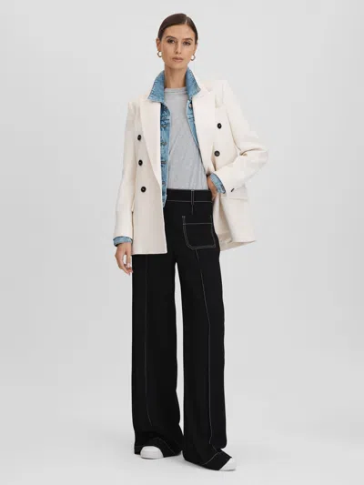 Reiss Black Contrast Stitch Wide Leg Trousers