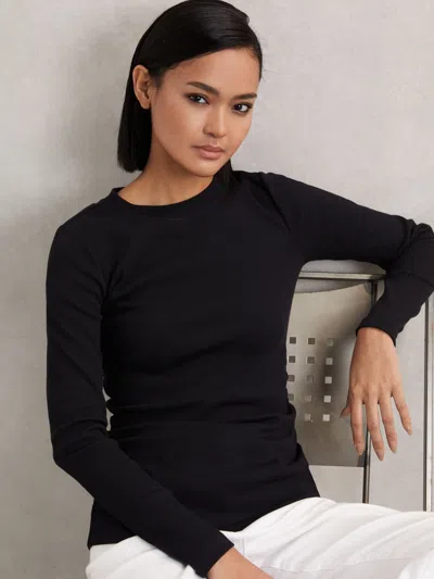 Reiss Black Cotton Long-sleeve Ruched T-shirt With Stretch