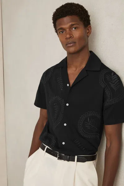 REISS BLACK COTTON PAISLEY-EMBROIDERED SHIRT