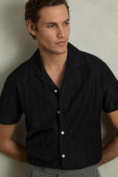 Reiss Black Cotton Textured Cuban-collar Shirt