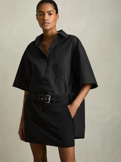 Reiss Black Cotton Woven Belted Shirt Dress