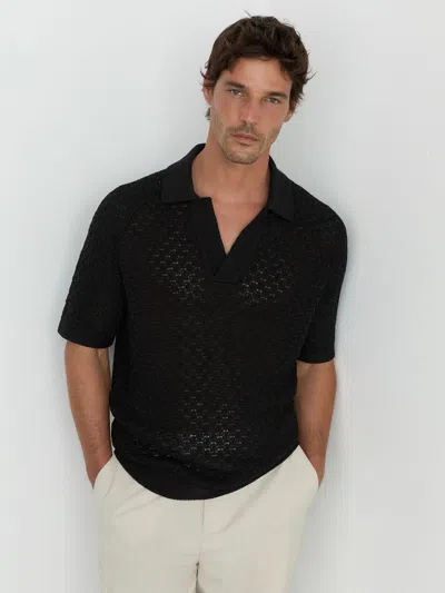Reiss Raffarty Cotton Blend Open Collar Crochet Polo Shirt In Black