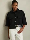 Reiss Black Cropped Twill Shirt Jacket