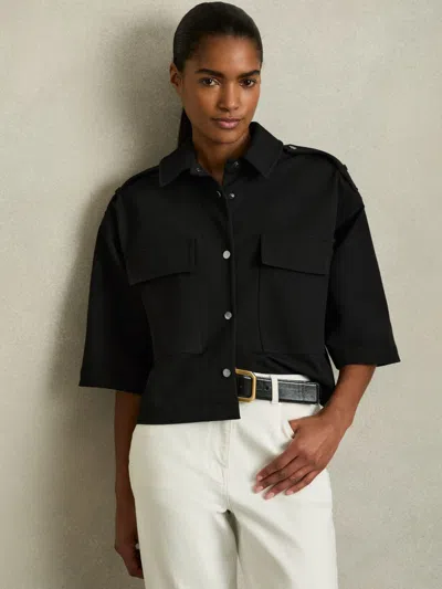 Reiss Black Cropped Twill Shirt Jacket