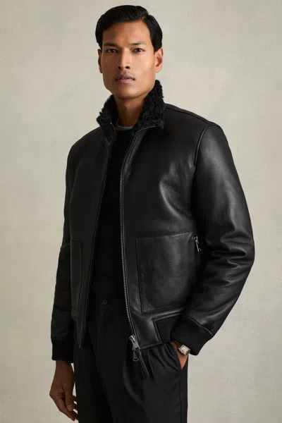 Reiss Black Shearling Lined Leather Jacket