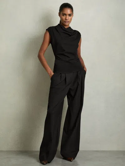 Reiss Black Draped Jersey-twill Sleeveless Top