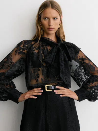 Reiss Black Edwina Tie-neck Sheer Lace Blouse