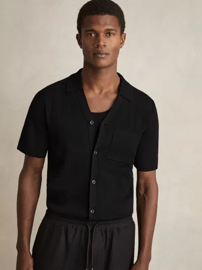 Reiss Black Fallon V-neck Collar Textured-knit Shirt
