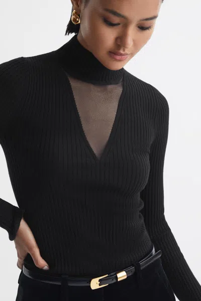 Reiss Black Fitted Wool Blend Mesh Top