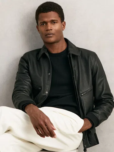 Reiss Black Grained Leather Zip Through Jacket