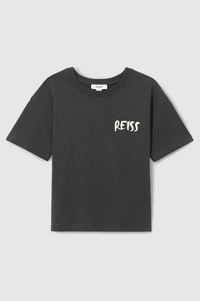 Reiss Washed Black Abbott 100% Cotton Logo Print Crew Neck T-shirt