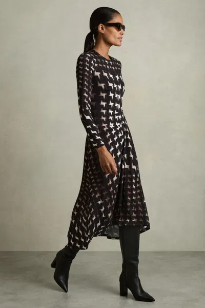 Reiss Black Houndstooth-print Ruched Midi Dress