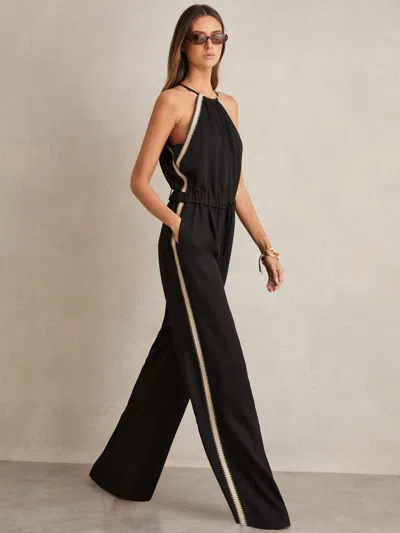 REISS REISS BLACK AUDEN HALTERNECK CRAFT STITCH JUMPSUIT