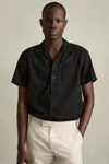 Reiss Black Herringbone Twill Cuban Collar Short Sleeve Shirt