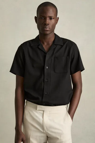 Reiss Black Herringbone Twill Cuban Collar Short Sleeve Shirt