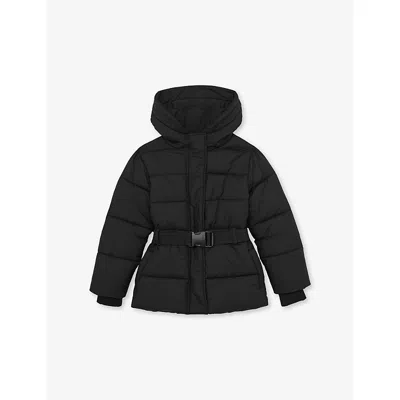 REISS BLACK HOODED BELTED-WAIST SHELL COAT
