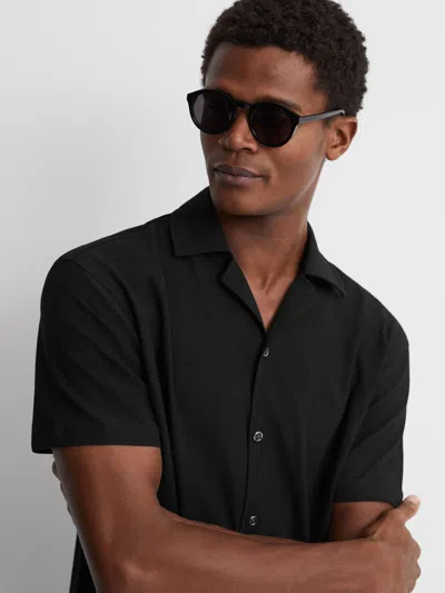 Reiss Black Hunt Textured Crepe Cuban Collar Shirt