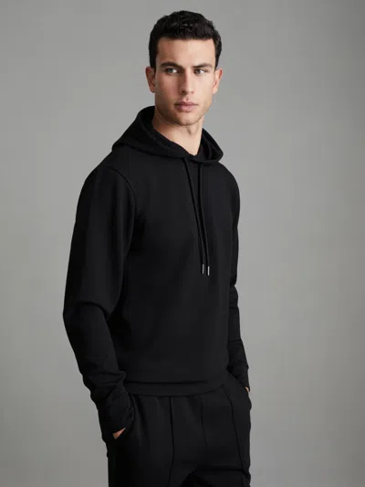 REISS BLACK INTERLOCK JERSEY DRAWSTRING HOODIE