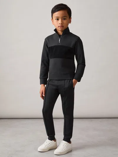 Reiss Kids' Black Interlock Velour Panel Zip Sweatshirt