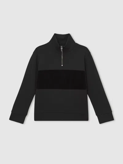 REISS BLACK INTERLOCK VELOUR PANEL ZIP SWEATSHIRT