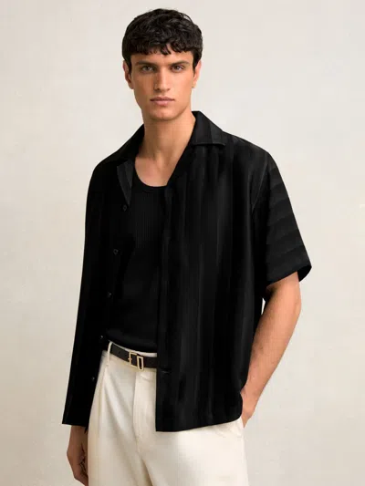Reiss Black Jacquard-stripe Cuban-collar Shirt