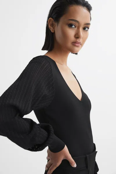Reiss Black Knitted Blouson Sleeve Top