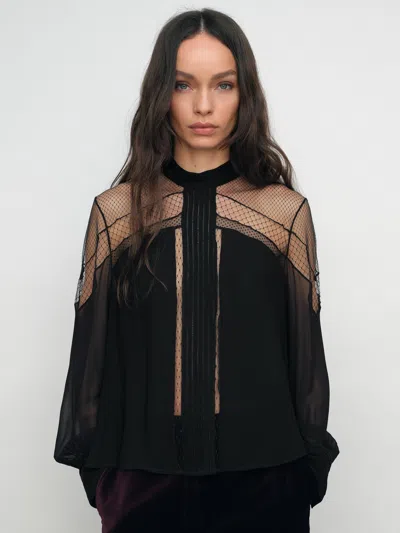Reiss Black Lace-insert Tie-back Blouse