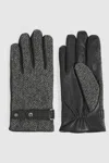 Reiss Black Leather And Wool-blend Herringbone Gloves In Black