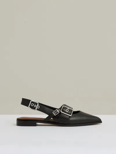 Reiss Black Leather Buckle-strap Flat Mules