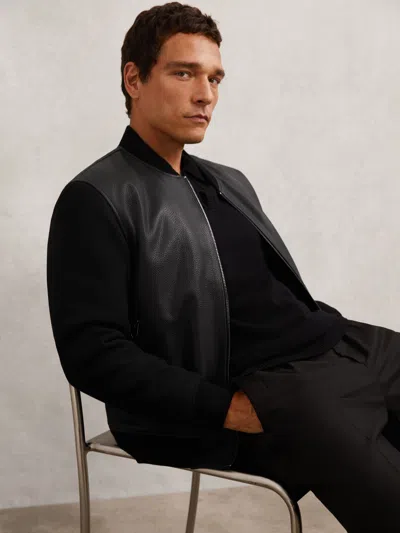 Reiss Black Leather Contrast-sleeve Bomber Jacket
