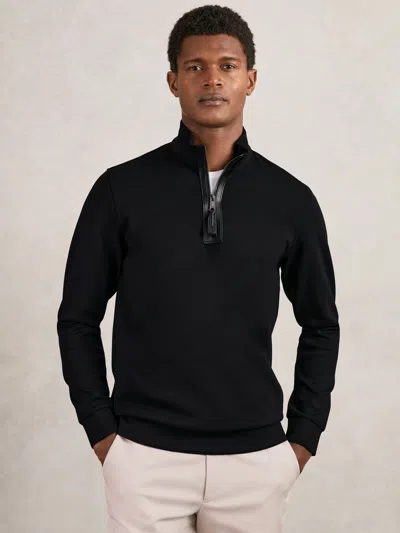 Reiss Black Leather-placket Interlock Sweatshirt