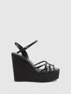 Reiss Black Leather Raffia Platform Wedge Heels In Black